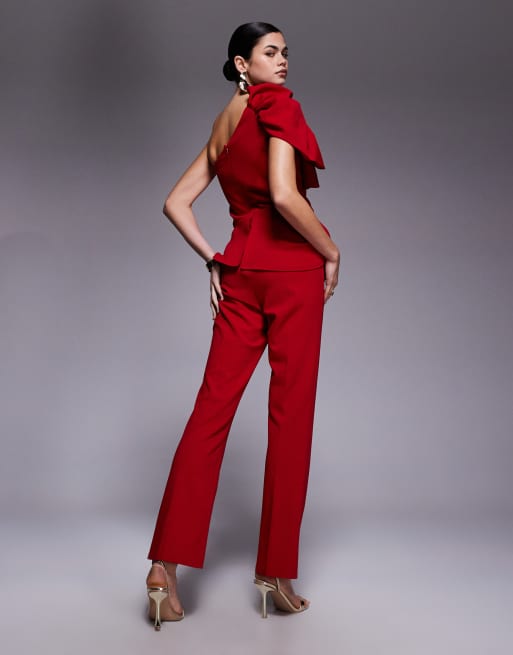 River Island asymmetric ruffle jumpsuit in red , 3 of 4