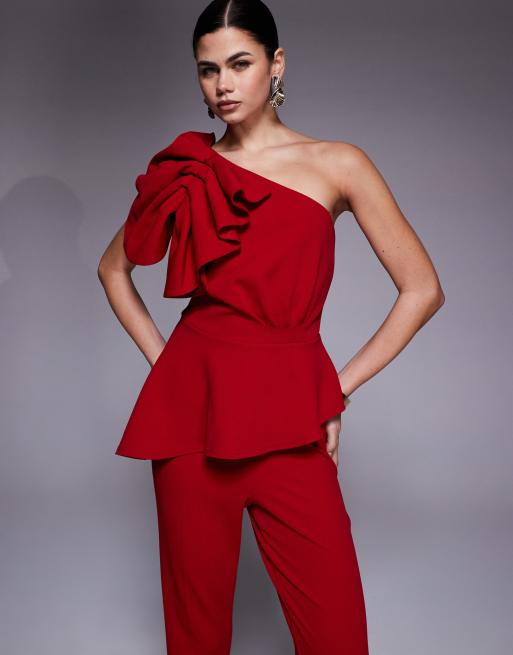 River Island asymmetric ruffle jumpsuit in red , 4 of 4