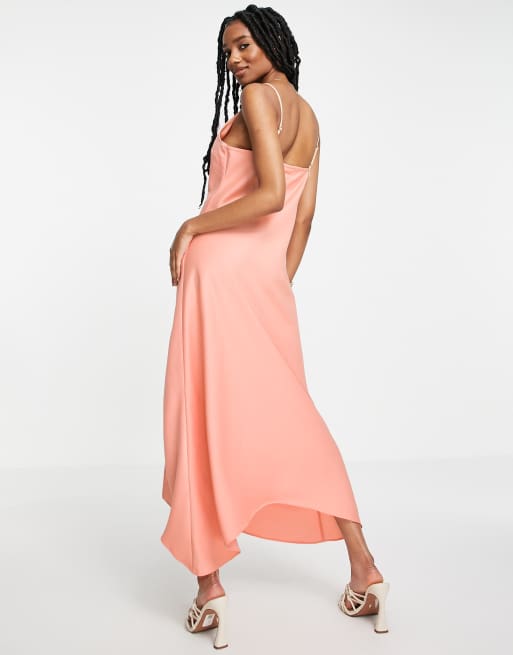 River Island asymmetric satin midi slip dress in pink, 3 of 4