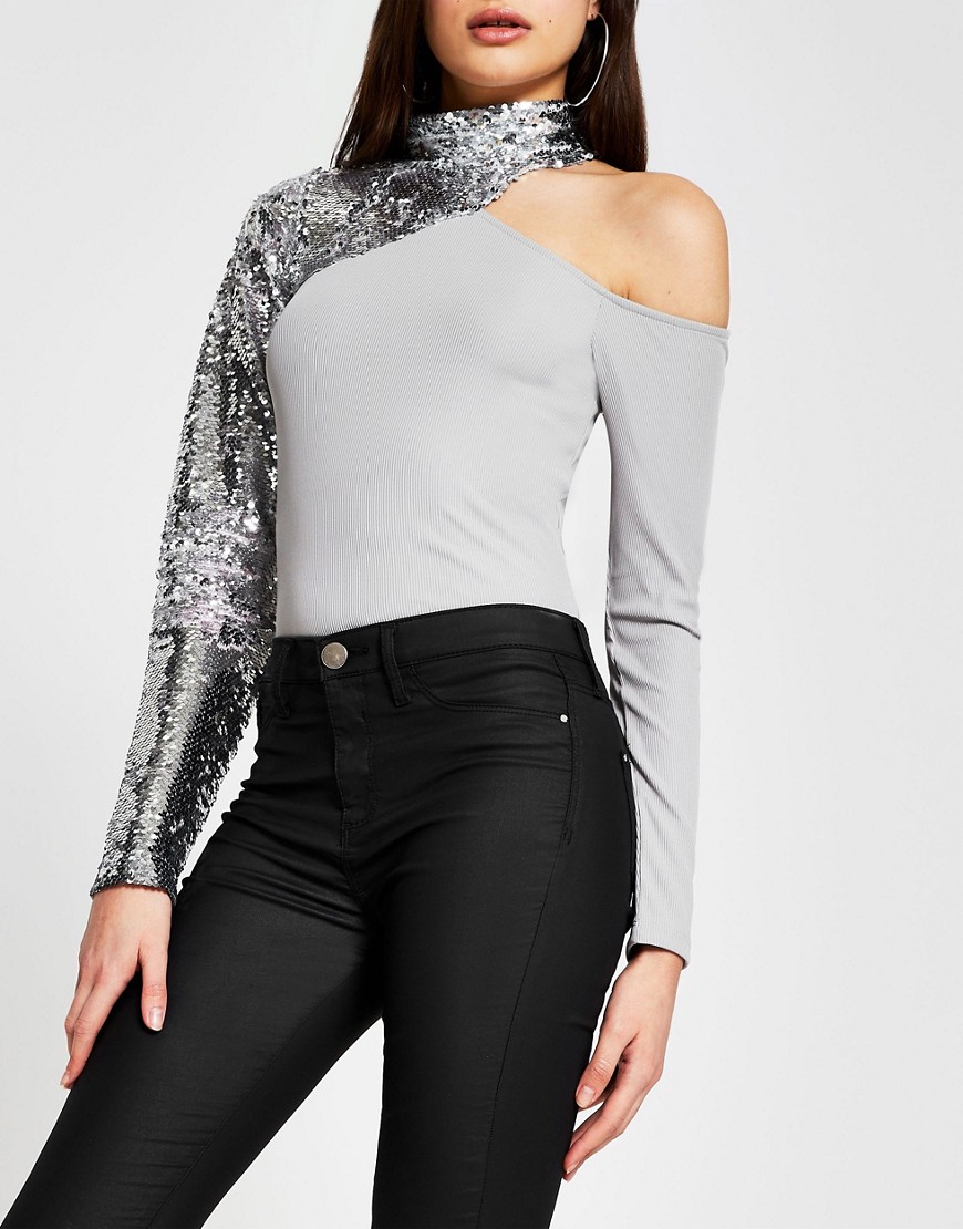 River Island asymmetric sequin embellished top in gray-Grey