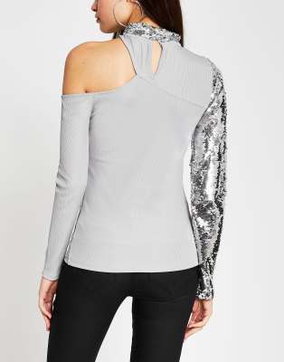 river island grey sequin top