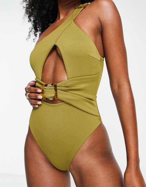 River Island asymmetric shoulder cut out belted swimsuit in khaki
