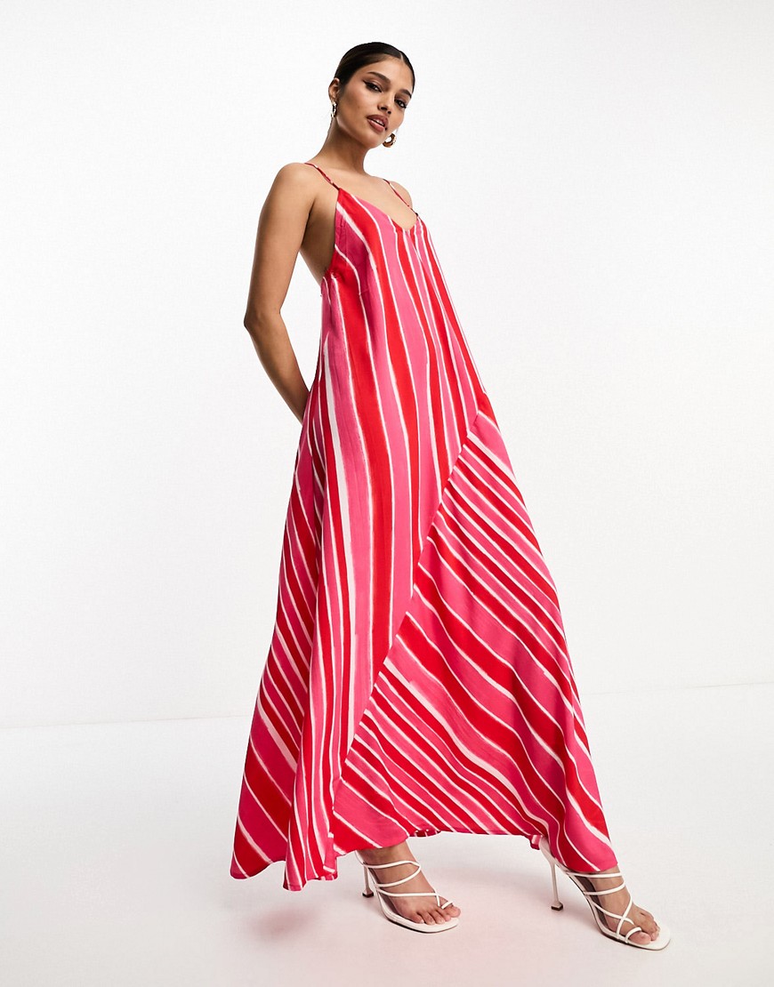 River Island Asymmetric Stipe Strappy Maxi Dress In Pink-red