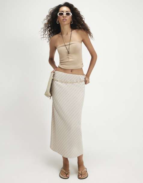 River Island Asymmetric stripe midi skirt in cream - view 1