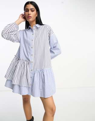 River Island asymmetric stripe shirt dress in blue | ASOS