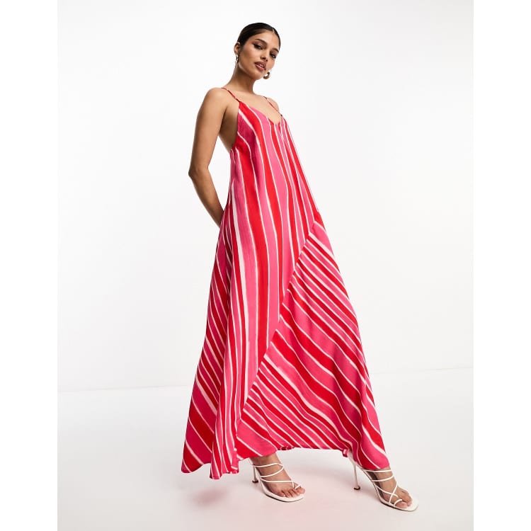 River Island asymmetric stripe strappy maxi dress in pink ASOS