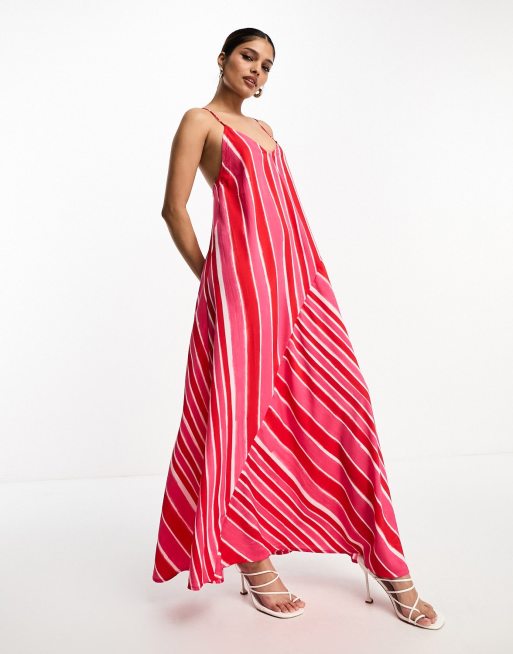 River Island asymmetric stripe strappy maxi dress in pink | ASOS