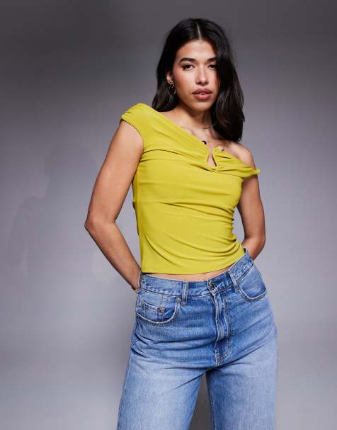 River Island asymmetric twist strap top in lime - view 1