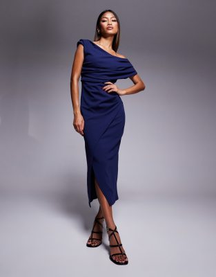 River Island asymmetric wrap midi dress in navy | ASOS