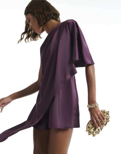 River Island Asymmetrical cape playsuit in burgundy, 2 of 4