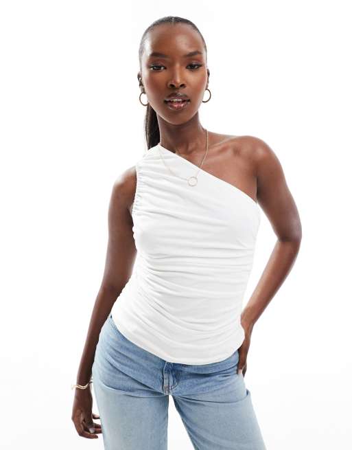 River Island – Asymmetrisch geschnittenes, gerafftes Oberteil in Cremeweiß