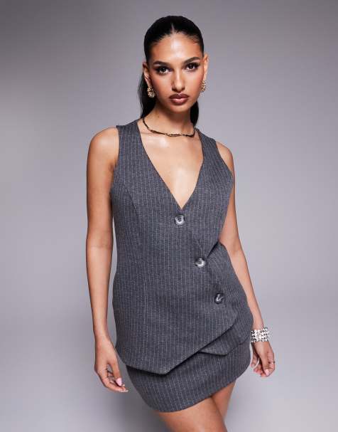 River Island - Asymmetrisch gilet in grijs met krijtstreep - view 1
