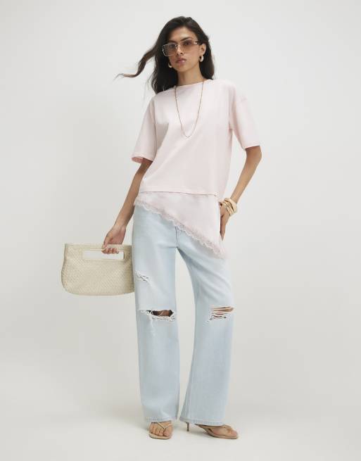 River Island – Asymmetrisches T-Shirt in Rosa mit Spitze, 2 von 4