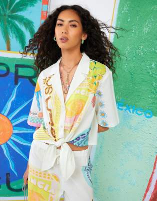 River Island ATLAS tie front graphic printed shirt in cream - view 1
