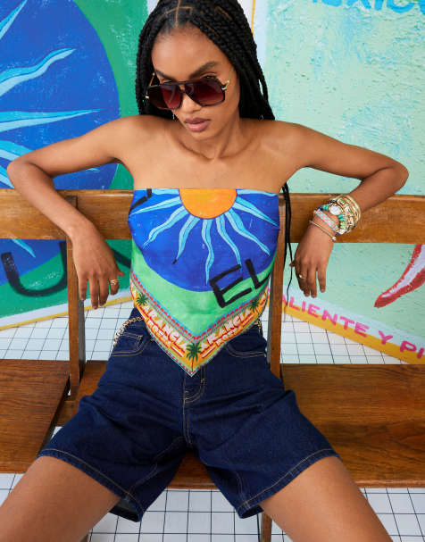 River Island ATLAS tropical print bandana top in beige