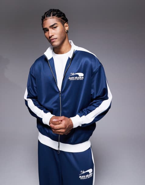 River Island 'Aura Studios' taped track jacket co-ord in navy - view 1