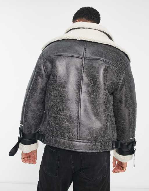 River Island - Aviator-jakke i gråt, imiteret lammeskind med krakeleret mønster, 2 af 4
