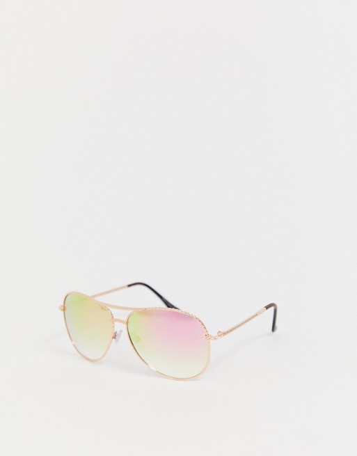 River Island aviator sunglasses with pink lenses in rose gold