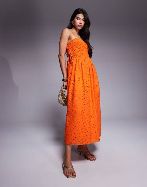 River Island – Babydoll-Maxikleid in Orange mit Lochstickerei - view 1