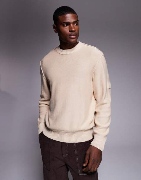 River Island badge detail crew neck knit sweater in light stone - view 1