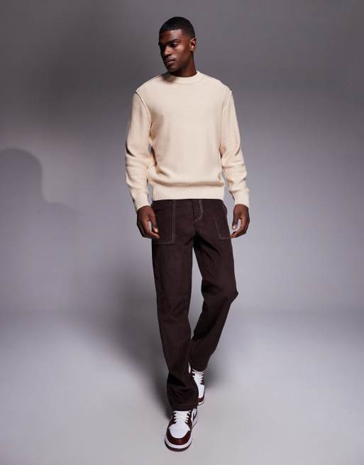 River Island badge detail crew neck knit sweater in light stone , 2 of 5