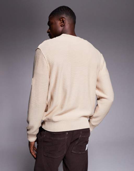 River Island badge detail crew neck knitted jumper in light stone , 3 of 5