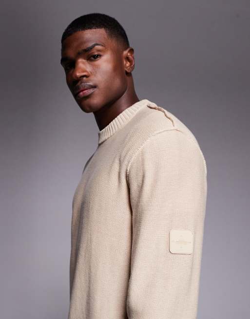 River Island badge detail crew neck knitted jumper in light stone , 4 of 5