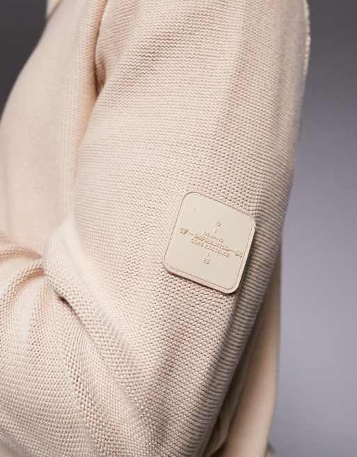 River Island badge detail crew neck knitted jumper in light stone , 5 of 5