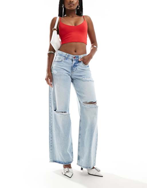 River Island - Baggy jeans met lage taille in lichte wassing blauw