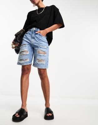 River Island baggy ripped denim shorts in medium denim - ASOS Price Checker