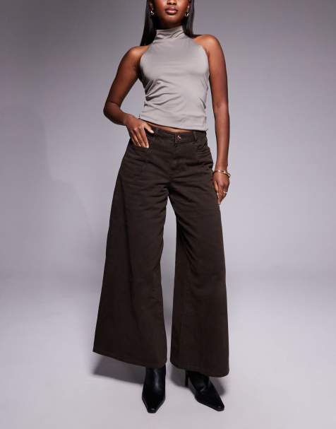 River Island baggy wide leg jeans in dark brown - view 1