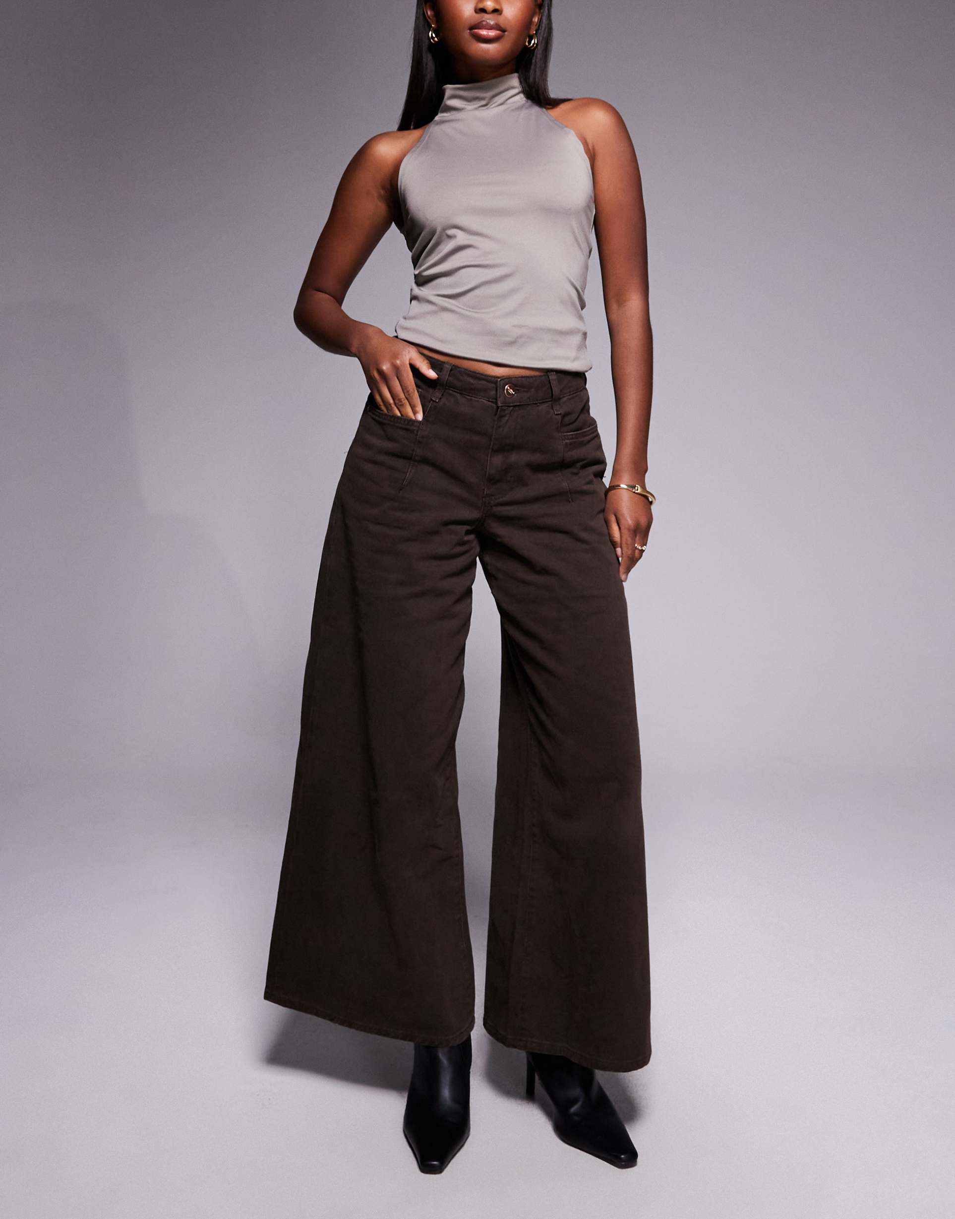 river island baggy wide leg jeans in dark brown