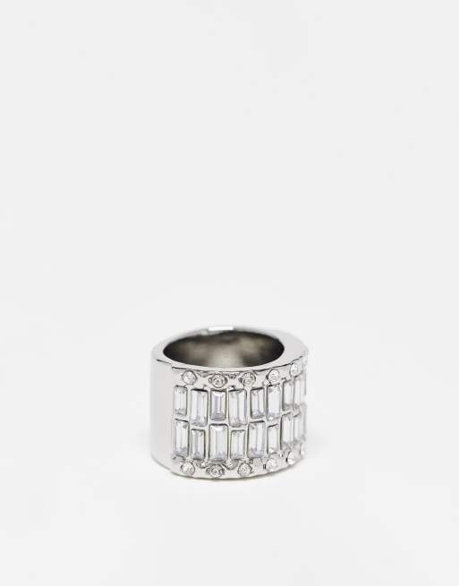 River Island - Bague double rang coupe baguette ornée de cristaux - Argenté