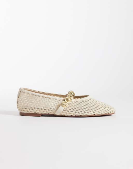 River Island - Bailarinas color crema de croché con detalles dorados