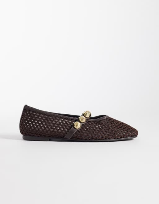 River Island - Ballerine all'uncinetto marrone scuro con dettagli oro