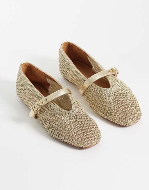 River Island - Ballerine Mary Jane all'uncinetto color oro, 2 di 4