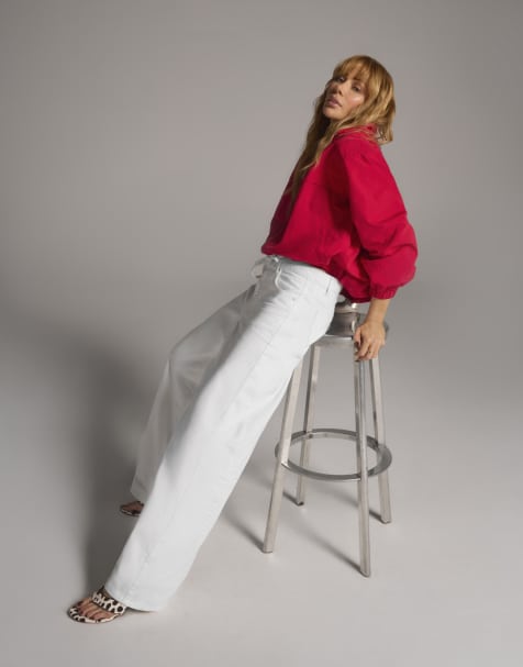 River Island Balloon leg drawcord baggy jeans in white - view 1