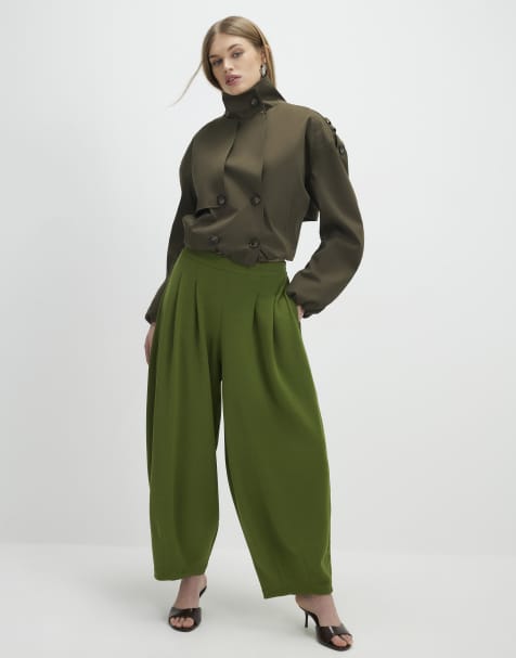 River Island Balloon leg pleated trousers in khaki - view 1