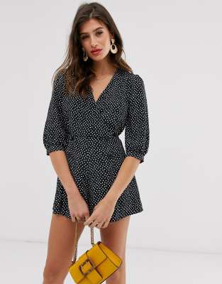 River Island balloon sleeve playsuit in black spot print | ASOS