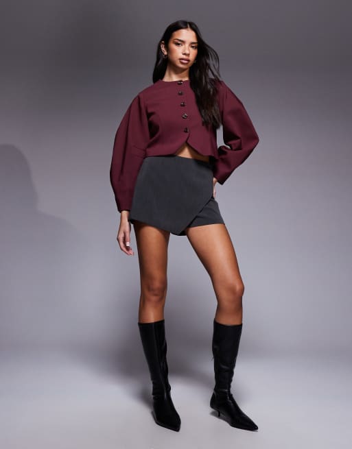 River Island banana sleeve collarless jacket in dark purple, 2 of 4