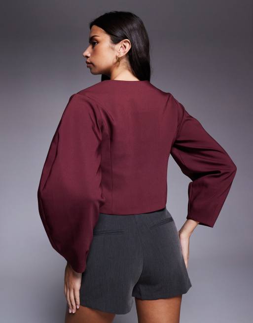 River Island banana sleeve collarless jacket in dark purple, 3 of 4