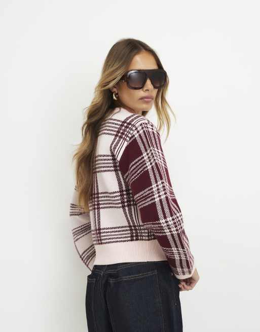 River Island Banana sleeve knit check cardigan in pink , 2 of 4