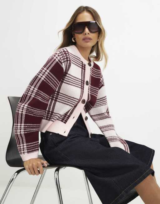 River Island Banana sleeve knit check cardigan in pink , 3 of 4