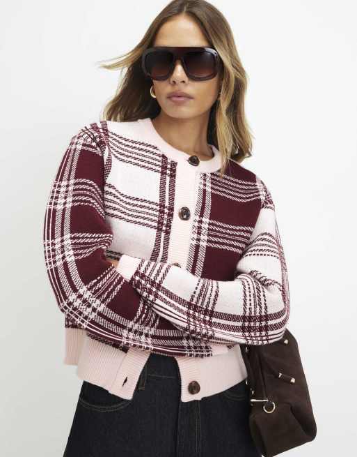 River Island Banana sleeve knit check cardigan in pink , 4 of 4