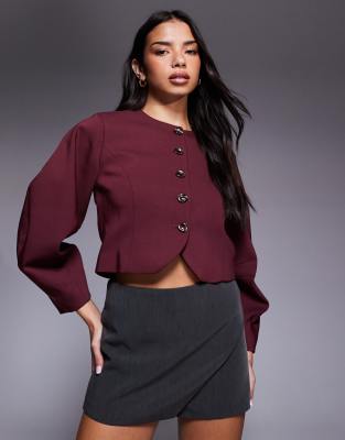 River Island Banana Sleeves Collarless Jacket In Burgundy