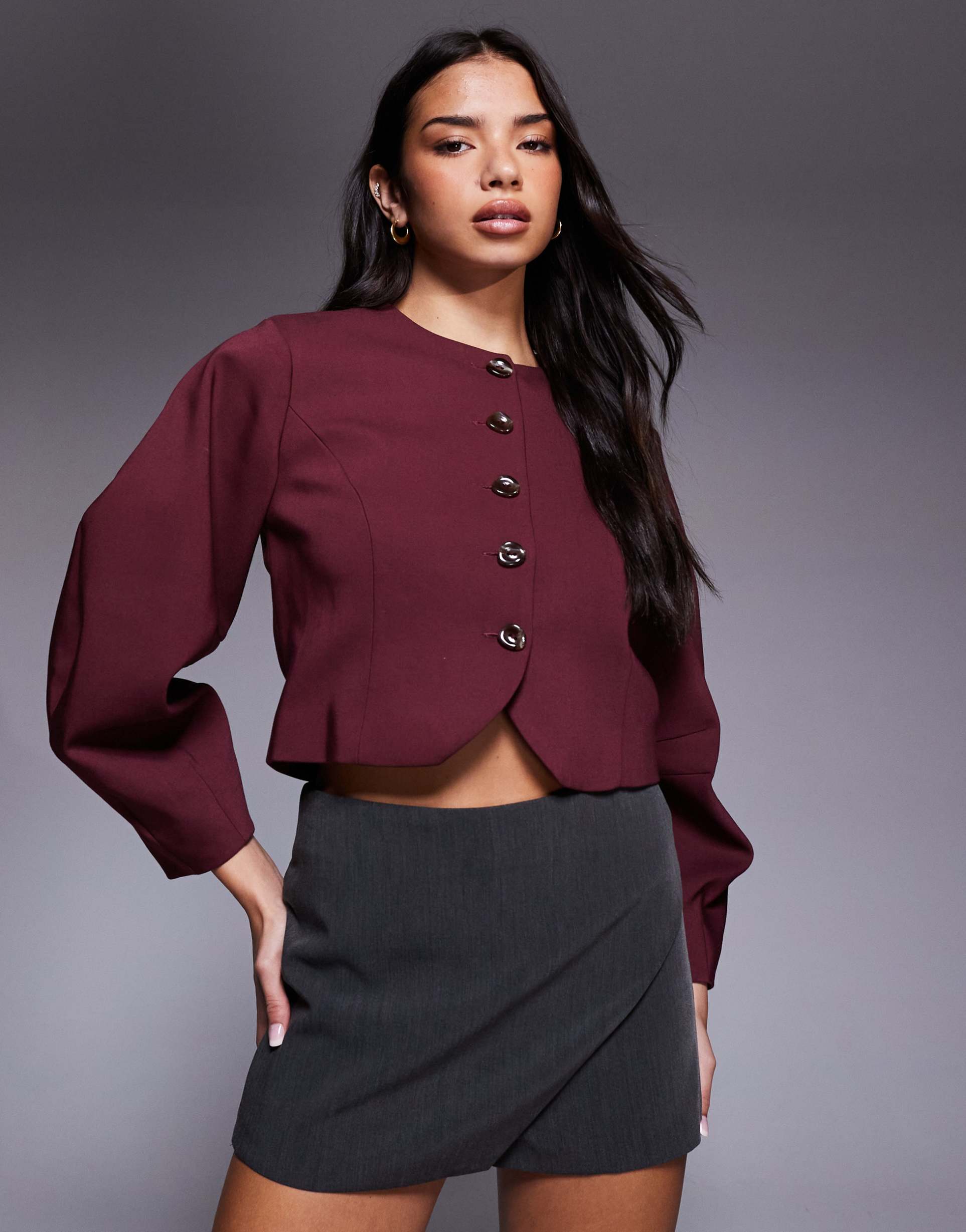 river island banana sleeves collarless jacket in dark purple