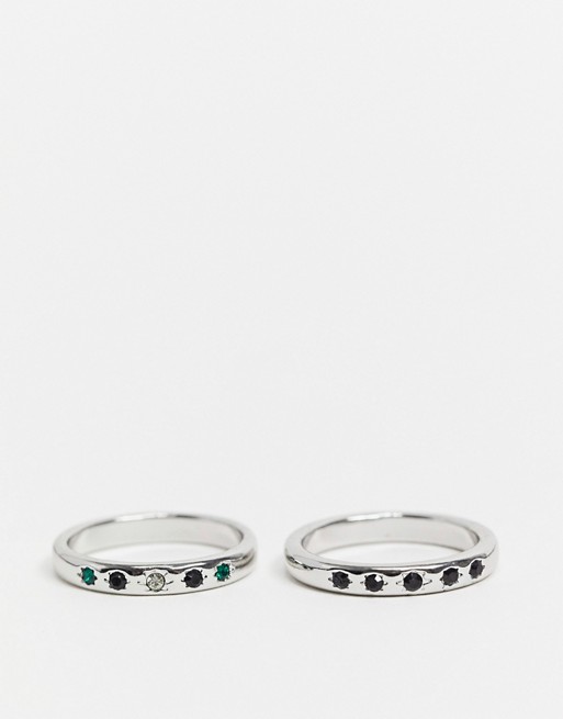 River Island band ring 2 pack in silver with black stones