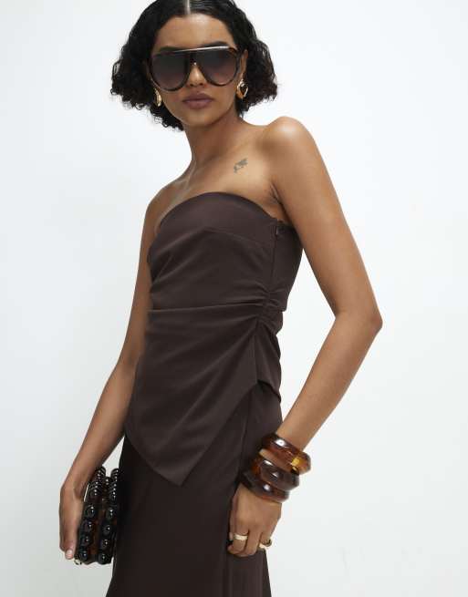 River Island Bandeau hybrid maxi dress in brown, 2 of 4