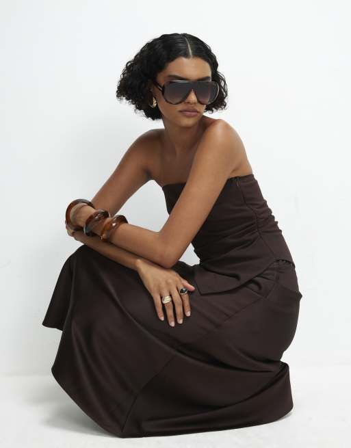 River Island Bandeau hybrid maxi dress in brown, 3 of 4
