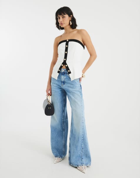 River Island Bandeau monochrome button top in cream - view 1